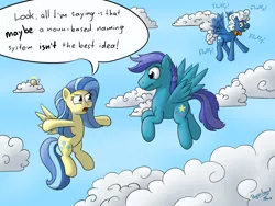 Size: 1600x1200 | Tagged: artist:filpapersoul, cloud, cloudy, derp, derpibooru import, dialogue, flapping, fluffy clouds, flying, frown, open mouth, open skies, potato, safe, spread wings, sunshower, :t, tanks for the memories, who's on first?