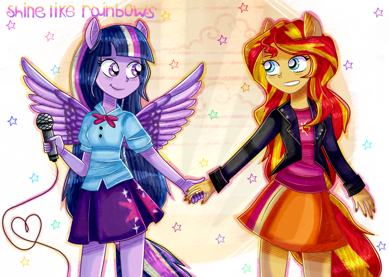 Size: 1512x1080 | Tagged: safe, artist:lelka-philka, derpibooru import, sunset shimmer, twilight sparkle, equestria girls, rainbow rocks, female, lesbian, ponied up, shipping, sunsetsparkle