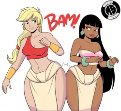 Size: 1386x1270 | Tagged: applebucking thighs, applejack, artist:gtapia91, artist:megasweet, bandeau, belly button, bracelet, butt bump, butt to butt, butt touch, chel, cleavage, crossover, curvy, derpibooru import, earring, female, hips, human, humanized, midriff, piercing, safe, sexy, simple background, source needed, the road to el dorado, thighs, white background, wide hips