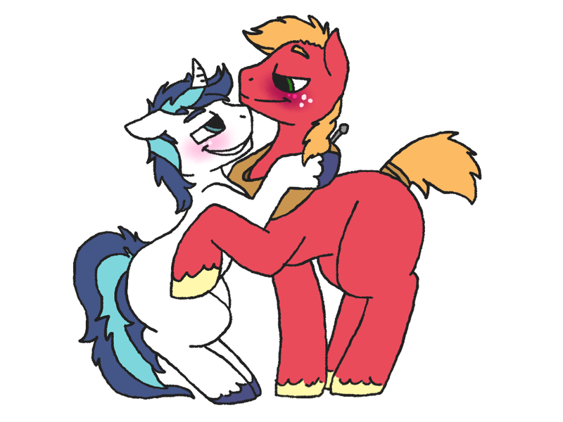 Size: 1024x768 | Tagged: suggestive, artist:sexygoatgod, derpibooru import, big macintosh, shining armor, earth pony, pony, blank flank, blushing, gay, infidelity, male, shiningmac, shipping, stallion