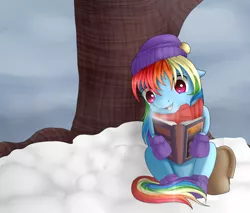 Size: 1000x850 | Tagged: artist:seleneat, book, derpibooru import, rainbow dash, safe, snow, solo, tanks for the memories, winter