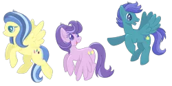 Size: 1280x640 | Tagged: safe, artist:orcakisses, derpibooru import, clear skies, open skies, sunshower, pegasus, pony, tanks for the memories, open mouth, profile, simple background, transparent background, trio