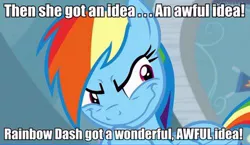 Size: 500x289 | Tagged: derpibooru import, dr. seuss, how the grinch stole christmas, meme, rainbow dash, rainbow dash is best facemaker, rainbow grinch, safe, screencap, tanks for the memories, the grinch, then she got an idea