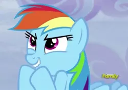 Size: 1404x993 | Tagged: cute, derpibooru import, discovery family logo, evil grin, glare, grin, happy, lip bite, pure unfiltered evil, rainbow dash, safe, screencap, smiling, smirk, solo, tanks for the memories