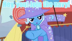 Size: 576x324 | Tagged: safe, derpibooru import, trixie, pony, unicorn, blue text, female, image macro, join the navy, mare, meme, solo, the simpsons, trixie yells at everything