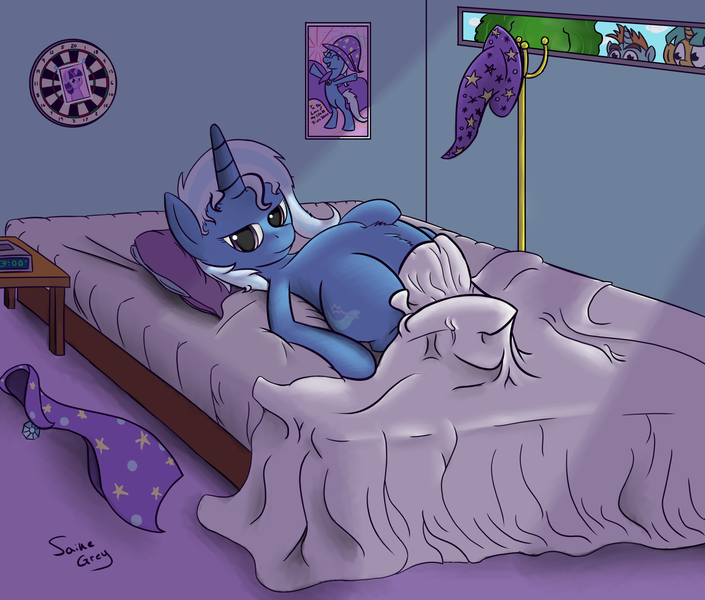 Size: 1500x1276 | Tagged: safe, artist:saine grey, derpibooru import, snails, snips, trixie, twilight sparkle, pony, unicorn, bed mane, belly, dartboard of hate, female, mare, peeping tom, pregnant, room, stalker