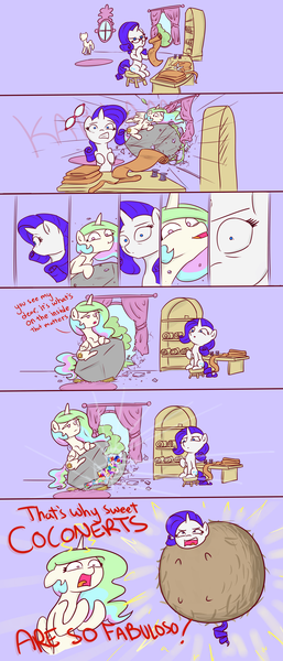 Size: 2567x6000 | Tagged: artist:poptart36, banana magic, coconut, comic, context is for the weak, defenestratia, defenestration, derpibooru import, dialogue, duo, majestic as fuck, princess celestia, rainbow dash, rarity, safe, tasty fruit, transformation, wat