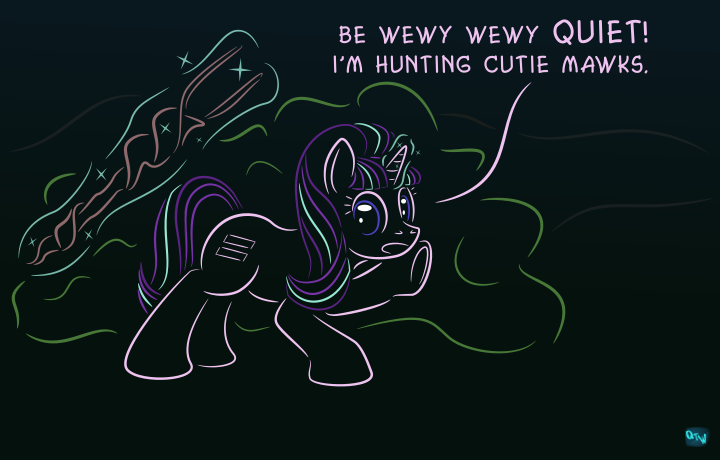 Size: 720x460 | Tagged: artist:quint-t-w, crossover, derpibooru import, dialogue, elmer fudd, gradient background, looney tunes, s5 starlight, safe, solo, staff, staff of sameness, starlight glimmer, the cutie map