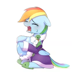 Size: 1200x1200 | Tagged: safe, artist:30clock, derpibooru import, rainbow dash, tank, pegasus, pony, tanks for the memories, bathrobe, clothes, crying, dashie slippers, eyes closed, female, hug, mare, open mouth, simple background, tank slippers, white background