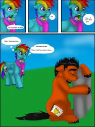 Size: 1200x1600 | Tagged: safe, artist:tristanjsolarez, derpibooru import, rainbow dash, oc, earth pony, pegasus, pony, comic:trans ponies, clothes, comic, flower, grave, gravestone, male, mouth hold, scarf, stallion, transgender