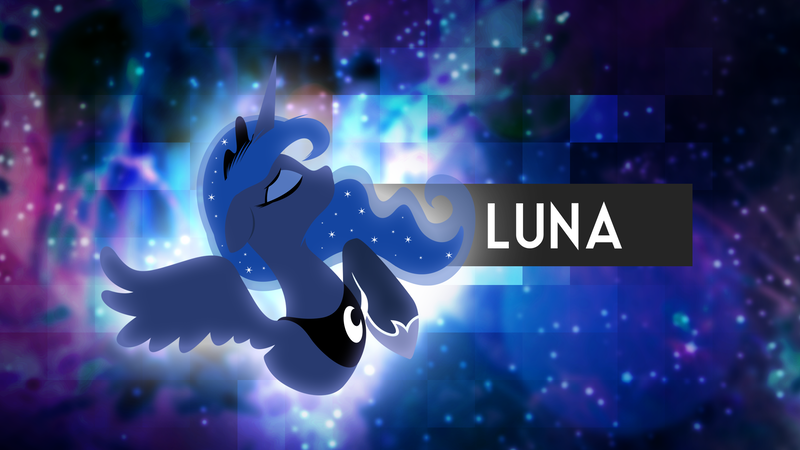 Size: 1920x1080 | Tagged: safe, artist:azery, artist:rariedash, derpibooru import, princess luna, alicorn, pony, abstract background, bust, eyes closed, female, floppy ears, hooves, horn, lineless, mare, portrait, profile, raised hoof, solo, space, spread wings, text, vector, wallpaper, wings