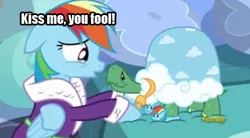 Size: 450x249 | Tagged: bathrobe, bed, caption, clothes, crying, dashie slippers, derpibooru import, discovery family logo, edit, edited screencap, floppy ears, image macro, kiss me you fool, kissy face, meme, rainbow dash, robe, sad, safe, screencap, shipping, slippers, smiling, tank, tankdash, tanks for the memories