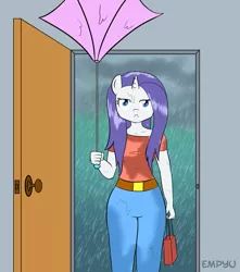 Size: 885x1000 | Tagged: 30 minute art challenge, anthro, artist:empyu, derpibooru import, rain, rarity, safe, solo, umbrella, wet, wet mane, wet mane rarity, wet shirt