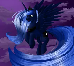 Size: 1800x1600 | Tagged: safe, artist:santagiera, derpibooru import, princess luna, alicorn, pony, cloud, female, flying, jewelry, mare, night, open mouth, regalia, sky, smiling, solo, spread wings, wings