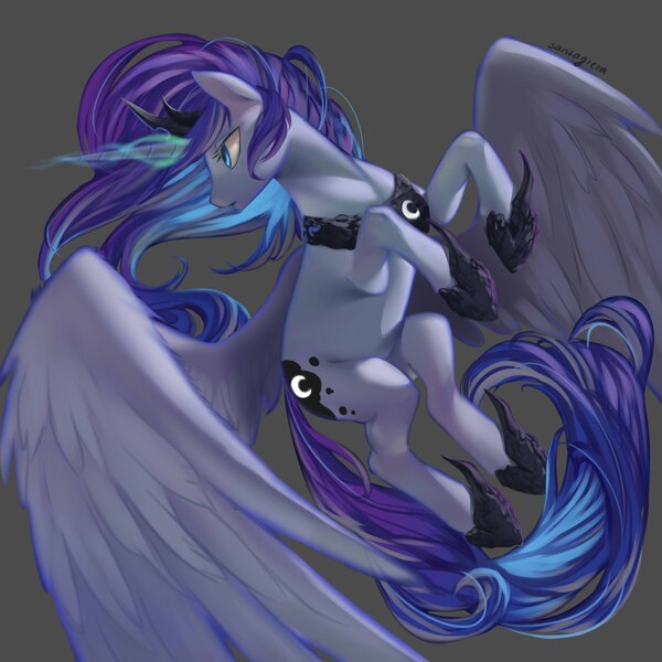 Size: 2048x2048 | Tagged: safe, artist:santagiera, derpibooru import, princess luna, alicorn, pony, alternate color palette, female, flying, glowing horn, jewelry, looking back, mare, regalia, signature, simple background, solo, spread wings, wings