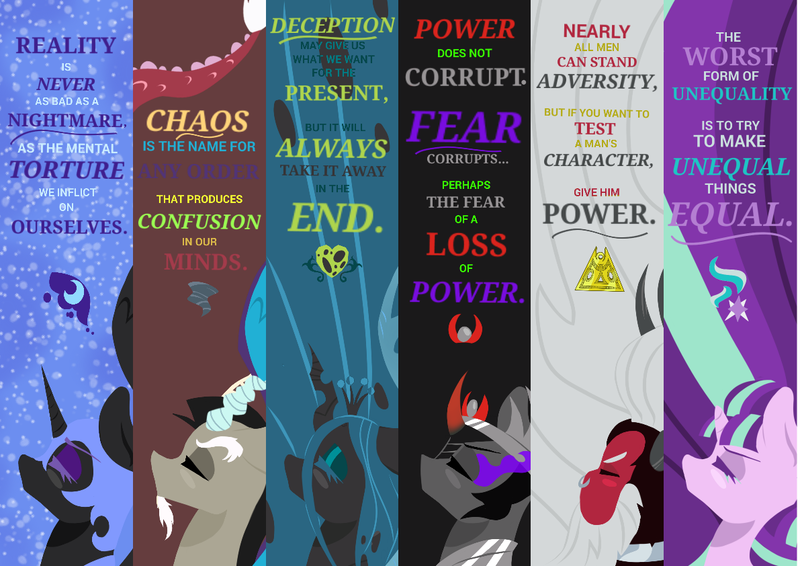 Size: 1191x842 | Tagged: safe, artist:darkestsunset, derpibooru import, discord, king sombra, lord tirek, nightmare moon, queen chrysalis, starlight glimmer, alicorn, centaur, changeling, changeling queen, draconequus, pony, umbrum, unicorn, the cutie map, antagonist, antagonists six, armor, beautiful, bookmark, bracer, crown, cutie mark, darkestsunset's bookmarks, eyes closed, female, image, jewelry, male, mare, nose piercing, nose ring, piercing, png, quote, regalia, scorpan's necklace, sombra eyes, sombra's cutie mark, stallion, symbol, text, wisdom