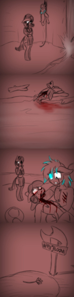 Size: 708x2832 | Tagged: grimdark, artist:lil miss jay, derpibooru import, apple bloom, applejack, rarity, anthro, unguligrade anthro, ask lil miss rarity, aj the huntress, amputee, blood, clothes, crying, death, dress, glowing eye, glowing mane, prosthetic leg, prosthetic limb, prosthetics, running makeup, scar, tumblr