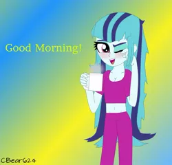 Size: 600x575 | Tagged: dead source, safe, artist:cbear624, derpibooru import, sonata dusk, equestria girls, alternate hairstyle, belly button, cleavage, clothes, cup, dialogue, female, loose hair, messy hair, midriff, morning after, pajamas, solo
