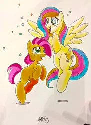 Size: 677x933 | Tagged: safe, artist:tonyfleecs, derpibooru import, babs seed, oc, oc:golden gates, babscon, babscon mascots