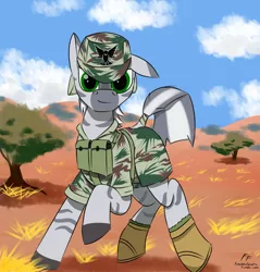 Size: 1280x1338 | Tagged: artist:frecklesfanatic, boots, camouflage, clothes, derpibooru import, hat, military, military uniform, oc, rhodesia, safe, selous scouts, shorts, tail wrap, uniform, unnamed oc, unofficial characters only, zebra