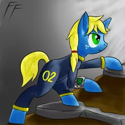 Size: 1280x1280 | Tagged: safe, artist:frecklesfanatic, derpibooru import, oc, oc:littlepip, unofficial characters only, pony, unicorn, fallout equestria, fanfic, alternate design, blue coat, climbing, fanfic art, female, freckles, green eyes, hairband, horn, image, mare, pipbuck, png, solo, vault suit, yellow mane