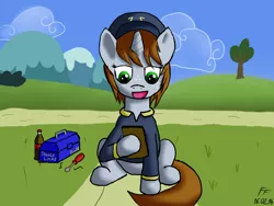 Size: 800x600 | Tagged: safe, artist:frecklesfanatic, derpibooru import, oc, oc:littlepip, unofficial characters only, pony, unicorn, fallout equestria, fanfic, alternate timeline, alternate universe, clipboard, conveniently obscured cutie marks, fanfic art, female, freckles, hat, horn, locksmith, mare, solo, toolbox