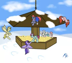 Size: 1280x1120 | Tagged: safe, artist:frecklesfanatic, derpibooru import, oc, oc:indigo dawn, oc:noctis, unofficial characters only, pegasus, pony, behaving like a bird, bird feeder, cotton candy tail, hot chocolate, micro, micro ponies, pegasus feeder, snow, winter