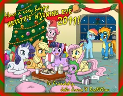 Size: 987x768 | Tagged: safe, artist:johnjoseco, derpibooru import, applejack, derpy hooves, fluttershy, pinkie pie, rainbow dash, rarity, spike, spitfire, twilight sparkle, pegasus, pony, bronycon, 2011, bell, blushing, christmas, christmas tree, cookie, decoration, eating, female, food, hat, hearth's warming eve, levitation, magic, mane seven, mane six, mare, milk, mistletoe, night, ponyloaf, present, santa hat, snow, snowfall, tree