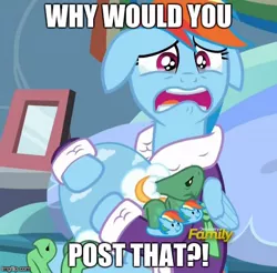 Size: 490x482 | Tagged: safe, derpibooru import, edit, edited screencap, screencap, rainbow dash, tank, tanks for the memories, bathrobe, clothes, crying, cute, dashabetes, dashie slippers, depression dash, discovery family logo, floppy ears, image macro, meme, reaction image, robe, sad, tank slippers, why would you post that