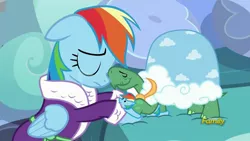 Size: 1280x720 | Tagged: bathrobe, clothes, crying, dashie slippers, derpibooru import, rainbow dash, safe, screencap, snuggling, tank, tanks for the memories