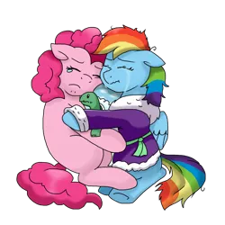 Size: 1000x1000 | Tagged: safe, artist:stockingstreams, derpibooru import, pinkie pie, rainbow dash, tank, tanks for the memories, bathrobe, clothes, coat, crying, female, hug, lesbian, messy mane, pinkiedash, scrunchy face, shipping