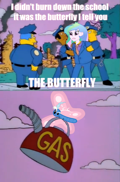 Size: 502x759 | Tagged: safe, derpibooru import, edit, screencap, discord, princess celestia, butterfly, equestria girls, chief wiggum, image macro, meme, principal celestia, the simpsons