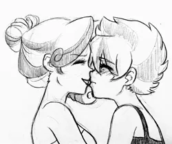 Size: 2410x2023 | Tagged: suggestive, artist:kianamai, derpibooru import, oc, oc:amber lily, oc:whirlwind, unofficial characters only, human, kilalaverse, female, humanized, humanized oc, kissing, lesbian, monochrome, next generation, oc x oc, offspring, parent:cloudchaser, parent:oc:herb, parent:oc:isis quartz, parent:thunderlane, parents:oc x oc, parents:thunderchaser, pencil drawing, shipping, sketch, story included, traditional art