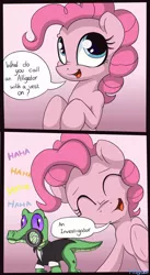 Size: 1245x2265 | Tagged: artist:mistydash, clothes, comic, derpibooru import, gummy, magnifying glass, pinkie pie, pun, safe, tuxedo