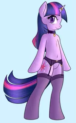 Size: 553x889 | Tagged: suggestive, artist:hic-sunt-equi, derpibooru import, twilight sparkle, pony, bipedal, clothes, collar, female, garter belt, horn ring, solo, solo female, stockings