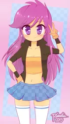 Size: 623x1099 | Tagged: artist:riouku, belly button, cleavage, clothes, derpibooru import, female, human, humanized, looking at you, midriff, older, peace sign, safe, scootaloo, skirt, skirtaloo, smiling, solo, teenager