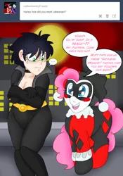 Size: 1645x2355 | Tagged: artist:blackbewhite2k7, ask, catwoman, crossover, derpibooru import, harley quinn, human, pinkie pie, safe, selina kyle, tumblr, unintentional racism