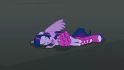 Size: 1366x768 | Tagged: safe, derpibooru import, screencap, twilight sparkle, twilight sparkle (alicorn), equestria girls, boots, cute, eyes closed, fall formal outfits, high heel boots, lying down, ponied up, pony ears, solo, sparkles, twiabetes, twilight ball dress, wings