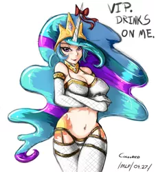 Size: 680x748 | Tagged: suggestive, artist:asadama, artist:slugbox, color edit, derpibooru import, princess celestia, human, :p, arm under breasts, bedroom eyes, bow, breasts, busty princess celestia, cleavage, clothes, female, garters, horn bow, horned humanization, humanized, justin timberlake, lingerie, looking at you, panties, sexy, sexyback, smiling, solo, song reference, tongue out, underwear