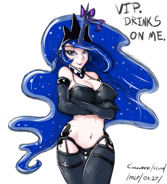 Size: 680x748 | Tagged: arm under breasts, artist:asadama, artist:slugbox, bow, breasts, busty princess luna, clothes, color edit, derpibooru import, female, horned humanization, human, humanized, lingerie, panties, princess luna, solo, suggestive, underwear