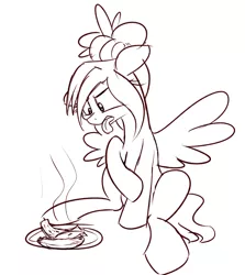 Size: 1280x1435 | Tagged: safe, artist:emberkaese, derpibooru import, oc, oc:feather fry, unofficial characters only, pegasus, pony, banana, blech, deep fried bananas, disgusted, food, hair bun, hot, monochrome, solo