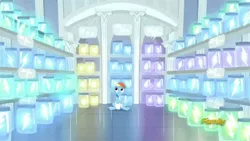 Size: 1920x1080 | Tagged: safe, derpibooru import, screencap, rainbow dash, tanks for the memories, bottled lightning, clothes, cloud seeds, discovery family logo, lab coat, lightning, solo, weather factory, weather factory uniform