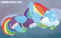 Size: 800x500 | Tagged: artist:caramelcookie, clothes, dashie slippers, derpibooru import, rainbow dash, safe, sleeping, tank, tanks for the memories, tank slippers