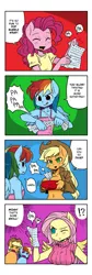 Size: 441x1320 | Tagged: 4koma, ambiguous facial structure, anthro, applejack, artist:shepherd0821, artist:slowcoloringfag, breasts, bubble wrap, busty applejack, busty fluttershy, clothes, colored, comic, derpibooru import, female, fluttershy, pinkie pie, rainbow dash, suggestive, sweatershy, the stare