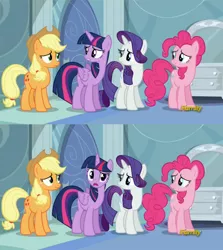 Size: 1912x2148 | Tagged: safe, derpibooru import, screencap, applejack, pinkie pie, rarity, twilight sparkle, twilight sparkle (alicorn), alicorn, pony, tanks for the memories, animation error, comparison, discovery family logo, female, mare, nitpicking, rainbow dash's house