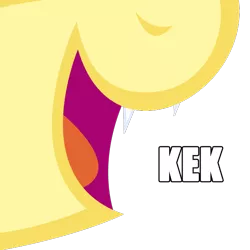 Size: 612x612 | Tagged: safe, derpibooru import, edit, fluttershy, bat pony, pony, caption, close-up, fangs, flutterbat, image macro, kek, meme, mouth, nose, nostrils, open mouth, race swap, recolor, simple background, smiling, solo, teeth, tongue out, tooth, transparent background