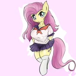 Size: 1080x1080 | Tagged: anthro, artist:mabo3, clothes, derpibooru import, fluttershy, pixiv, safe, school uniform, skirt, solo