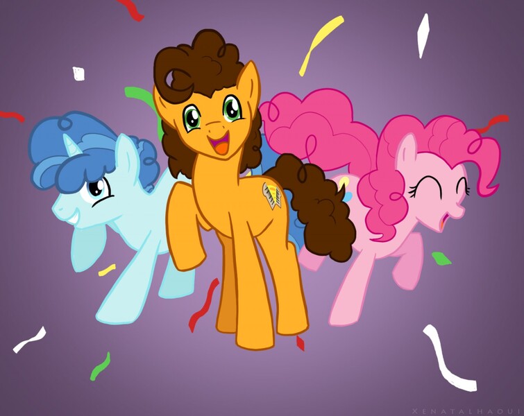Size: 1280x1017 | Tagged: artist:xenatalhaoui, cheese sandwich, cute, derpibooru import, diacheeses, diapinkes, favorbetes, party favor, party trio, pinkie pie, safe