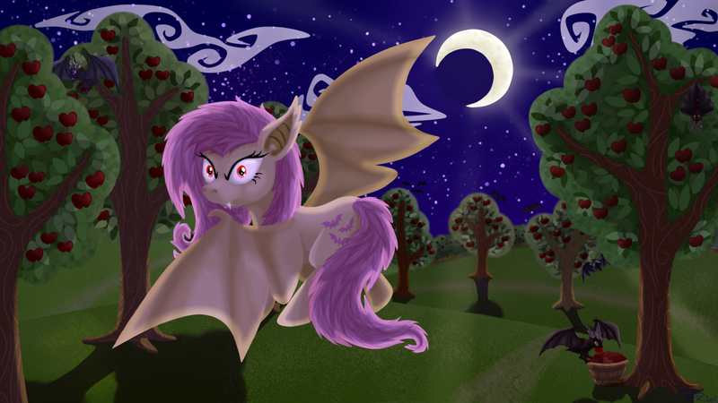 Size: 1280x720 | Tagged: safe, artist:dirdash, derpibooru import, fluttershy, vampire fruit bat, apple, apple tree, flutterbat, solo, tree