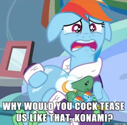 Size: 610x601 | Tagged: caption, clothes, dashie slippers, depression dash, derpibooru import, edit, edited screencap, konami, obligatory pony, rainbow dash, reaction image, safe, screencap, silent hills, tank, tanks for the memories, tank slippers, vulgar